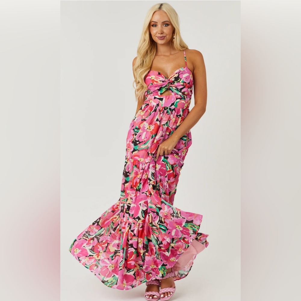 Flying Tomato Floral Fuchsia Sweetheart Tiered Maxi Dress